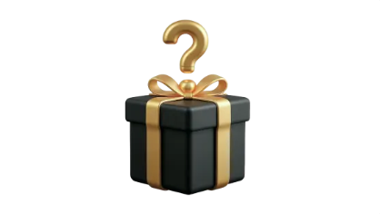 Black gift box with gold ribbon and bow, topped with a golden question mark, on white background.