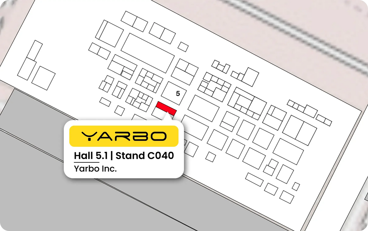 Exhibition floor plan highlighting Yarbo Inc. stand C040 in Hall 5.1 with yellow logo and red marker.