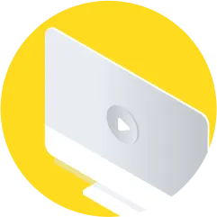 White computer monitor with play button on screen, set against bright yellow circular background.