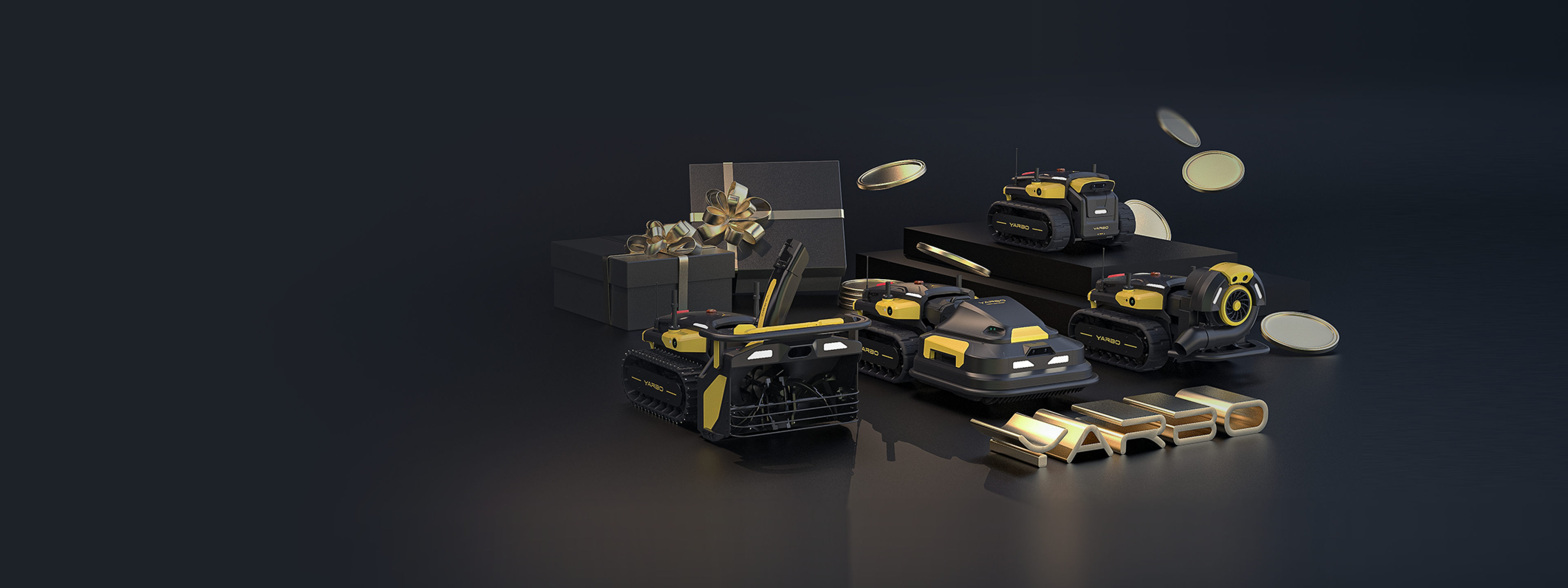 Black and yellow YARBO robotic lawn mowers displayed with gift boxes and gold coins on dark reflective surface.