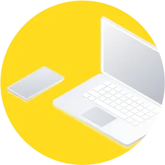White laptop and smartphone on bright yellow circular background, minimalist tech illustration.