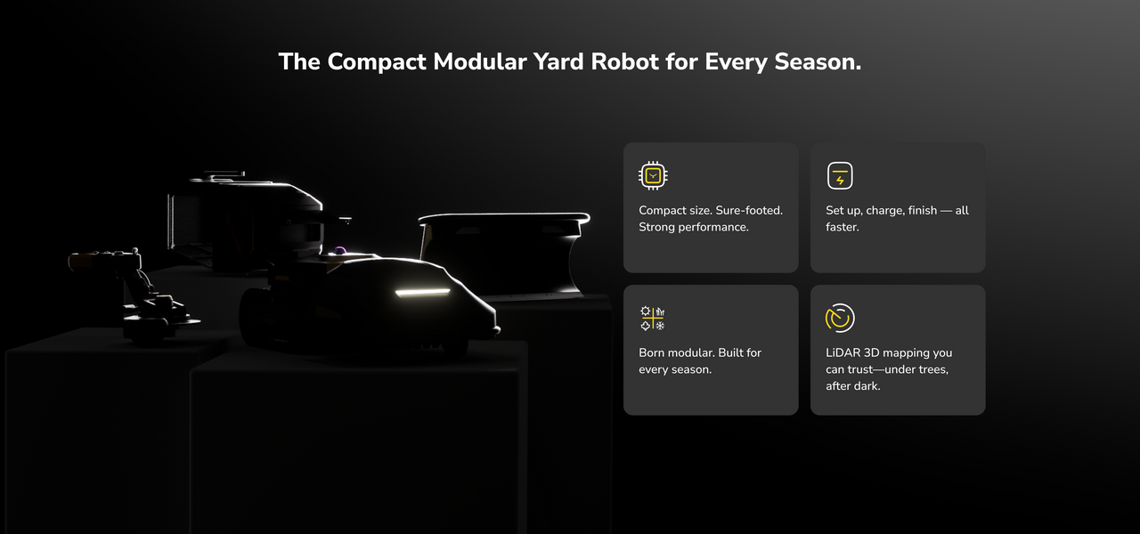 Compact modular yard robot with glowing headlights on dark display, featuring text: "The Compact Modular Yard Robot for Every Season."
