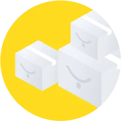Three white boxes with smiling faces stacked on a bright yellow circular background.