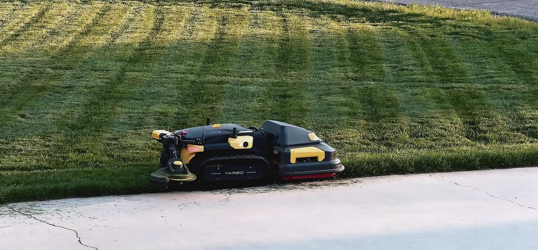 Black and yellow YARBO robotic lawn mower on grass beside concrete path, late afternoon light.