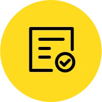 Yellow circle with black outline of a document and checkmark, symbolizing approval or completed task.