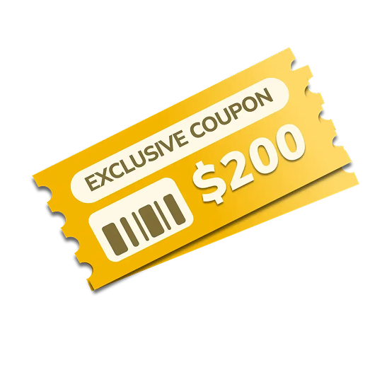Golden ticket-style coupon with "EXCLUSIVE COUPON" and "$200" in white text, barcode below, jagged edges, angled on white background.