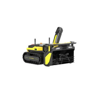 Yellow and black YARDI robotic lawn mower with tank tracks, front blade, and antennas, isolated on white background.