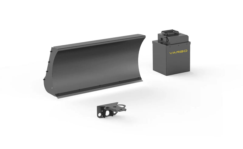 Black YARBO snow plow kit with curved blade, hydraulic cylinder, and mounting bracket on white background.