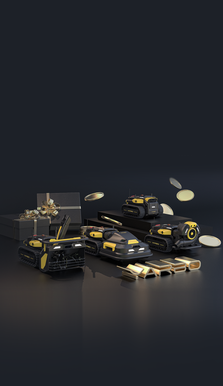 Black and yellow YANCO remote control tanks displayed with gift boxes and gold coins on a dark reflective surface.