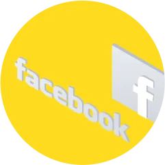 Bright yellow circular background with white "facebook" text and gray "f" logo on the right.