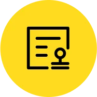 Yellow circle with black outline icon of document and person, representing user profile or account.