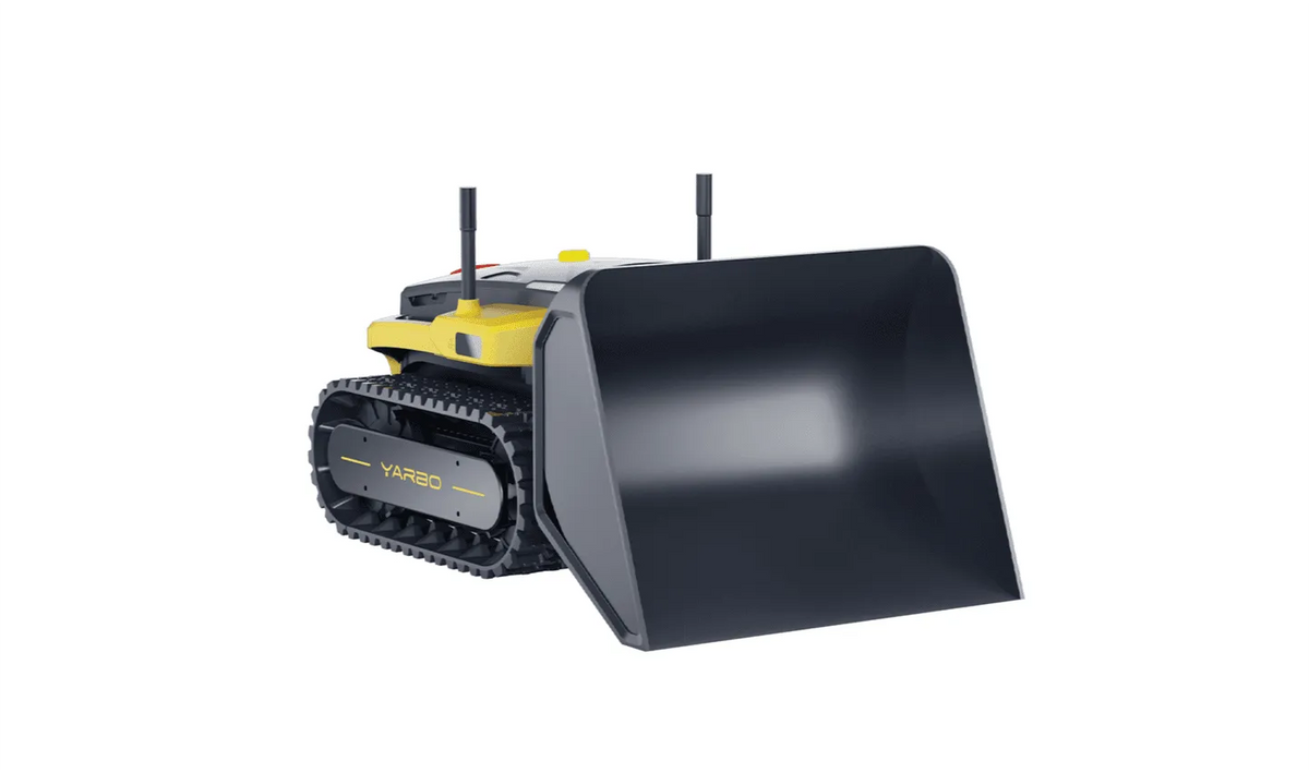 Yellow and black YARBO remote-controlled bulldozer with tracks and front scoop, white background.