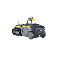 Black and yellow tracked robot with control panel, antennas, and wheels, isolated on white background.