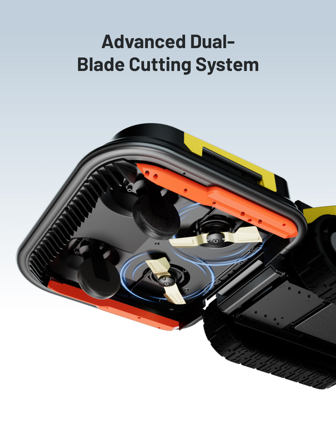 Black and yellow robotic lawn mower by Yarbo with dual-blade cutting system, side view highlighting orange accents and rotating blades.