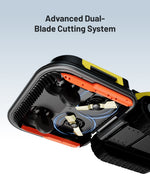 Black and yellow robotic lawn mower by Yarbo with dual-blade cutting system, side view highlighting orange accents and rotating blades.
