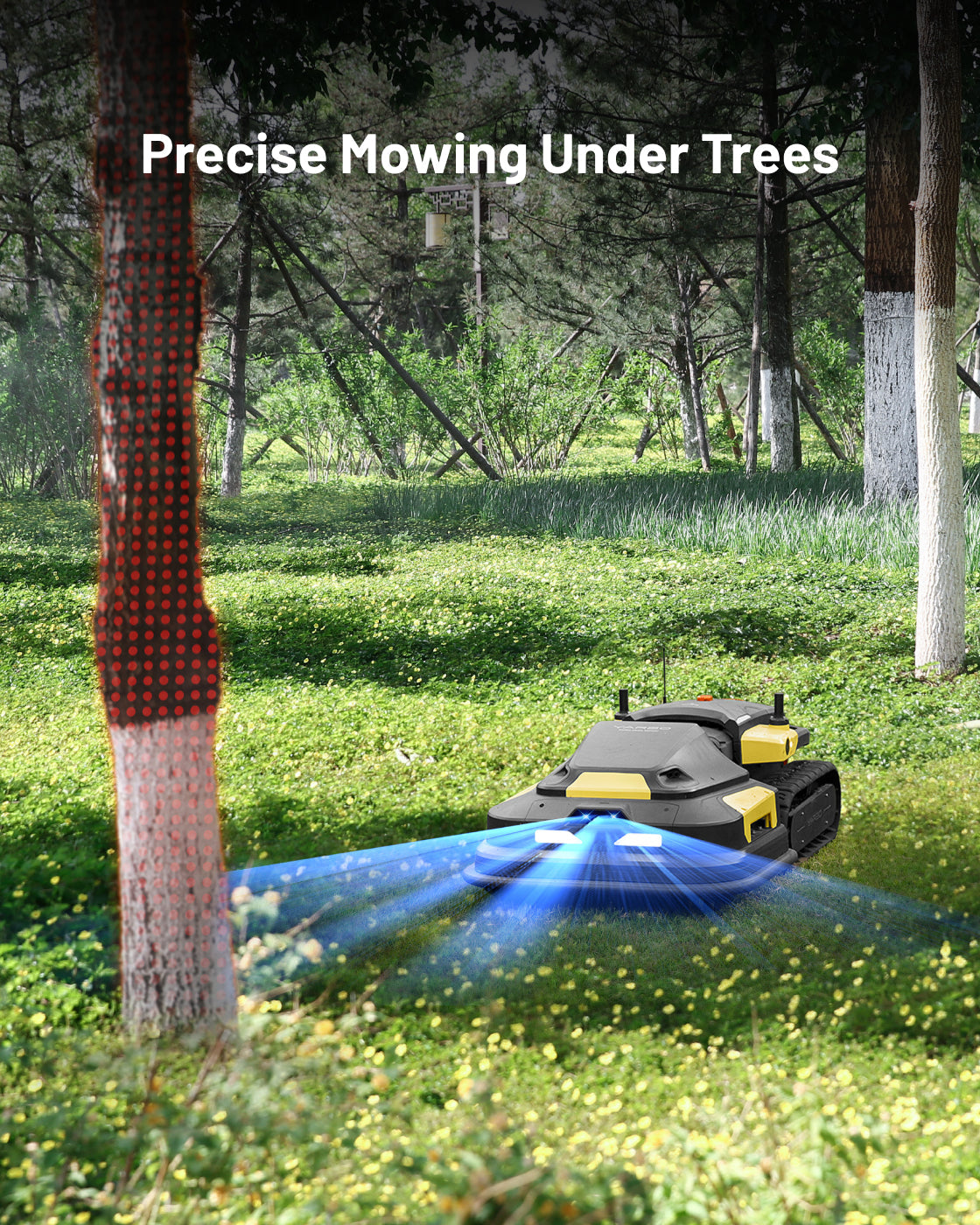 Black and yellow robotic lawn mower module with tank tracks and blue sensor beams, shown in grassy garden under trees, side view.