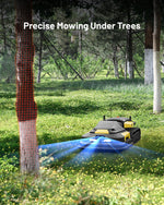 Robotic lawn mower with black and yellow body by Yarbo, featuring tank treads and blue sensor beams, mowing grass under trees in a garden setting.