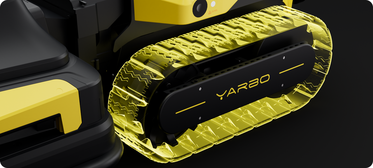 Close-up of yellow and black YARBO robotic track system with textured treads and brand logo.