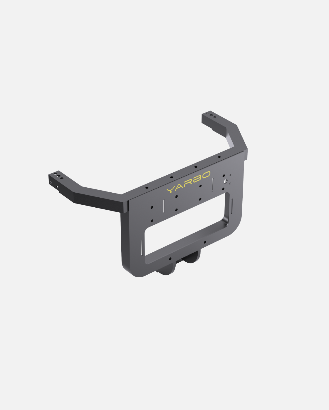 Gray metal back brace mount by YARBO with angular arms, mounting holes, and central cutout, shown in side view.