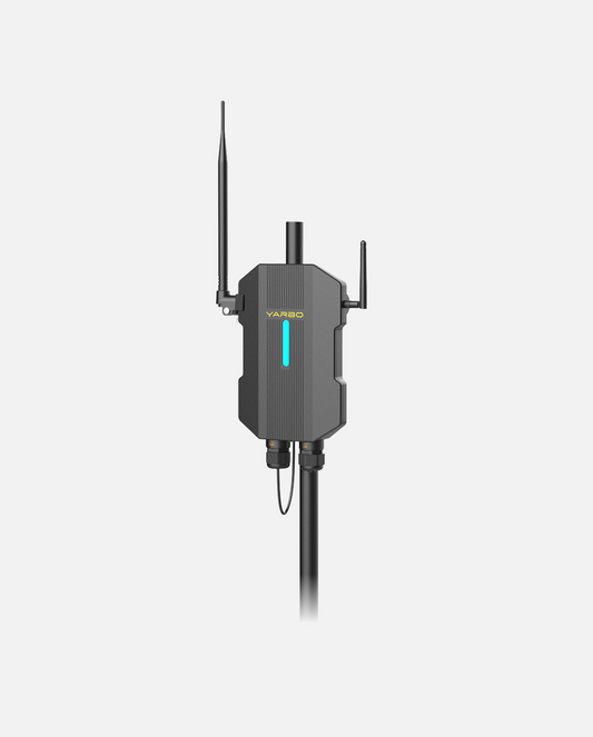 Black rugged data center device by YARBO with dual antennas, vertical blue LED, and textured casing, front view.