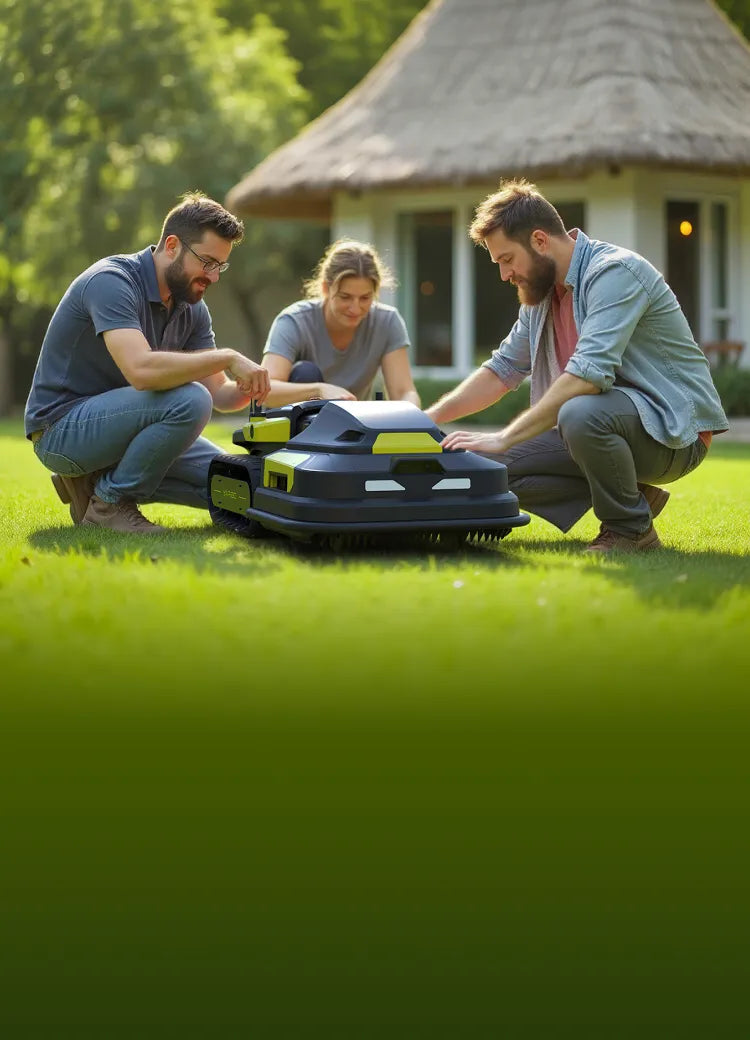 Three people crouch on a lush green lawn, examining a black and yellow robotic lawn mower in front of a thatched-roof cottage.