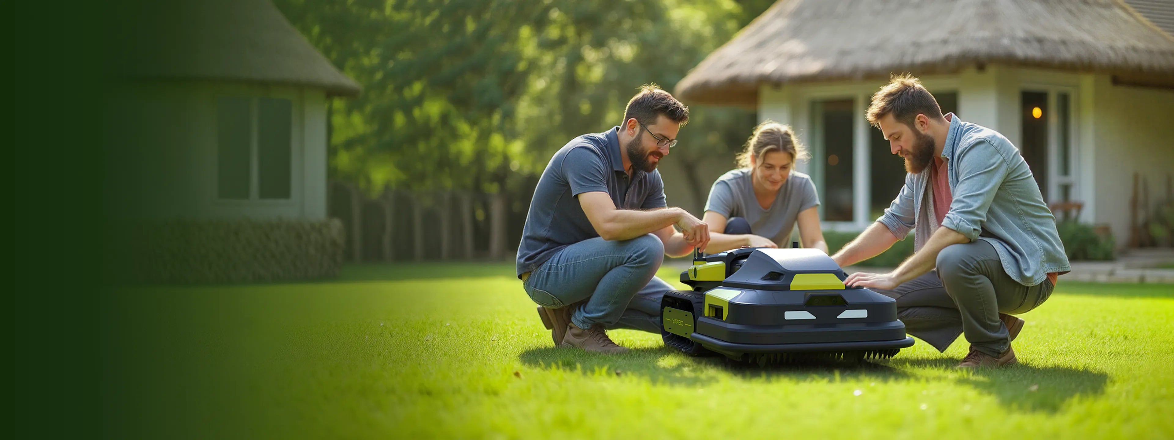 Three people crouch on a sunny lawn, examining a black and yellow robotic lawnmower. Thatched-roof houses and green trees in background.