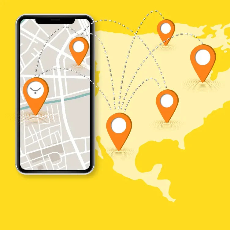 Smartphone displaying map with orange location pins connected to global map via dashed lines on yellow background.