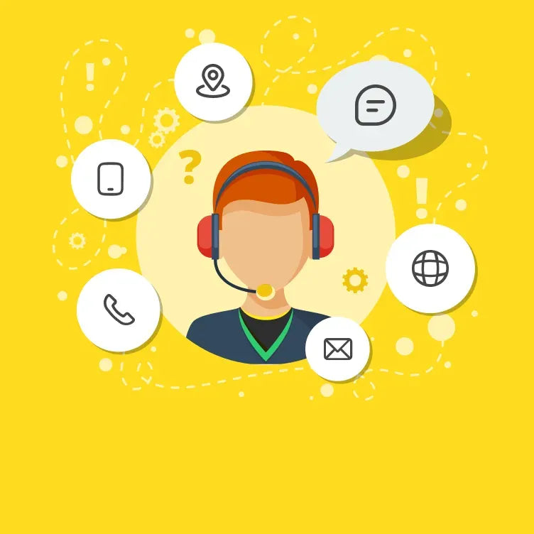 Customer support agent with headset surrounded by communication icons on yellow background.