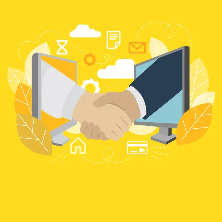 Two hands shake between computer monitors on yellow background with icons for cloud, email, and settings.