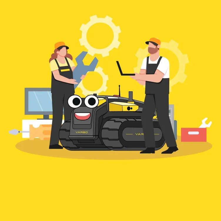 Two technicians in overalls work on a smiling yellow and black YARBO robot, one holding a wrench, the other a laptop, against a bright yellow background with gears.
