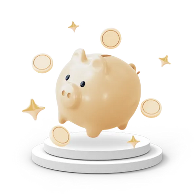 Beige piggy bank on white pedestal with floating gold coins and sparkles, bright clean lighting.