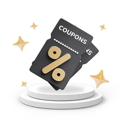 Black coupons with gold percent symbol on white pedestal, surrounded by sparkles, text "COUPONS" visible.