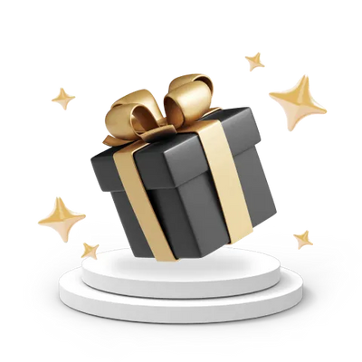 Black gift box with gold ribbon and bow on white pedestal, surrounded by glowing gold stars.