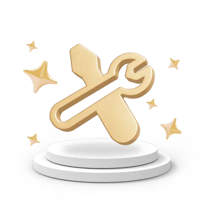 Golden wrench and screwdriver icon on white pedestal with sparkling stars, clean bright design.