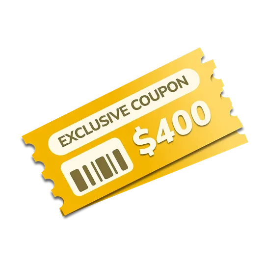 Golden ticket-style coupon with "EXCLUSIVE COUPON" and "$400" text, barcode, perforated edges, white background.