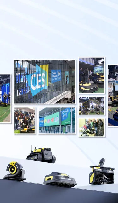 CES trade show collage featuring yellow and black robotic lawn mowers, attendees, and event signage.