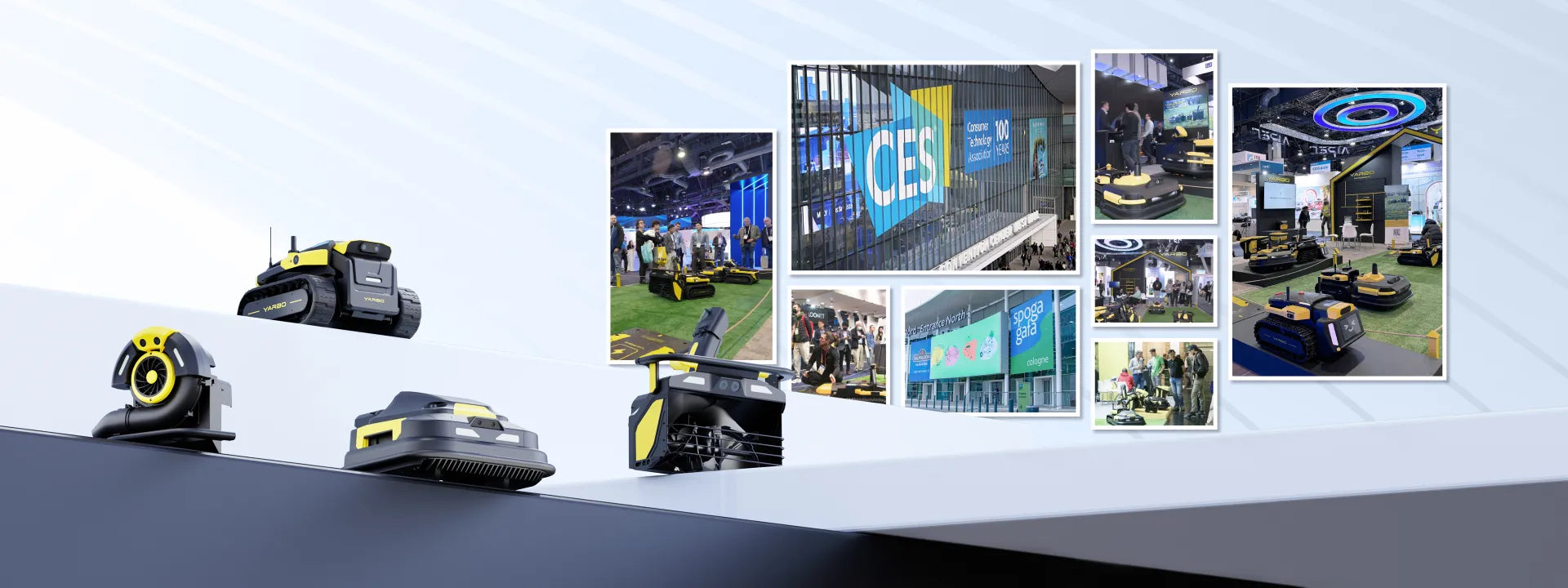 Yellow and black YARBO robotic mowers displayed at CES and Spoga Gafa trade shows, with people interacting at exhibition booths.