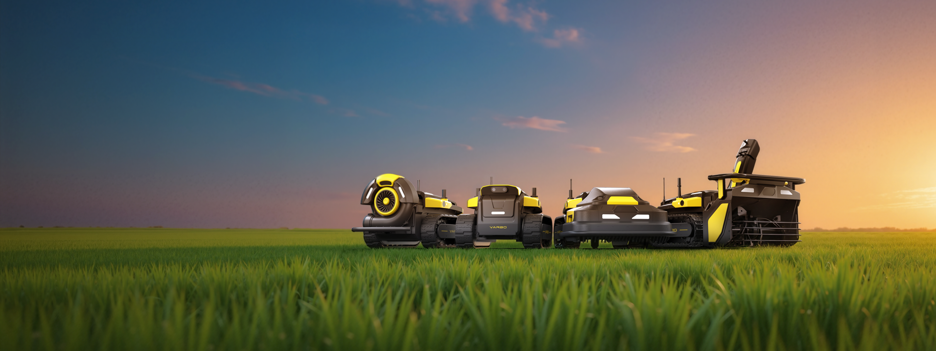 Four black and yellow YARBO robotic lawn mowers lined up on a vibrant green field at sunset.