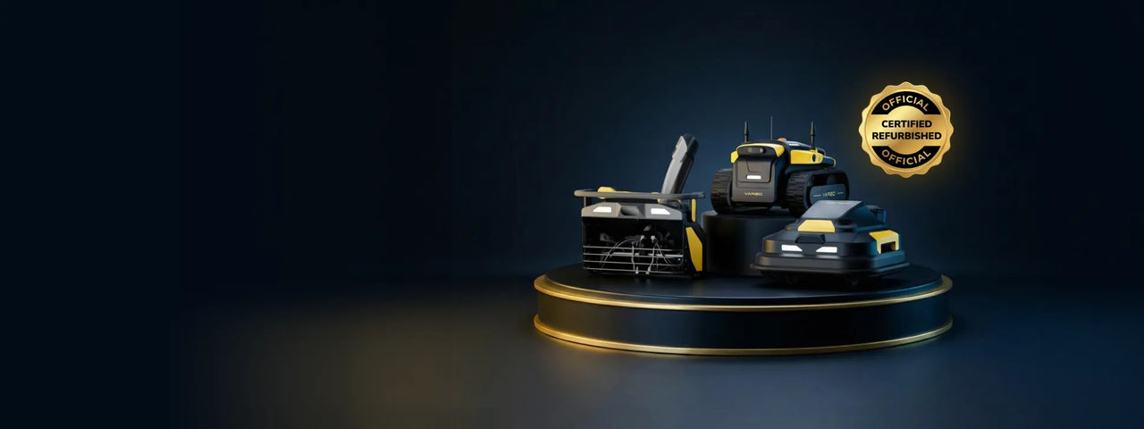 Three black and yellow robotic lawn mowers on a circular pedestal with a glowing "Certified Refurbished" seal above.
