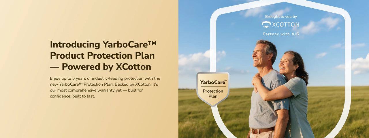 Smiling couple embracing in a sunny field, framed by a shield logo for YarboCare™ Protection Plan, powered by XCotton.