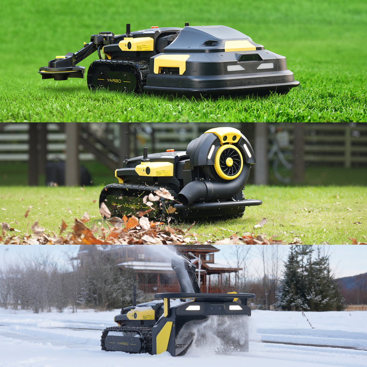 Black and yellow YARBO robotic lawn mower mowing grass, blowing leaves, and clearing snow in three seasonal scenes.
