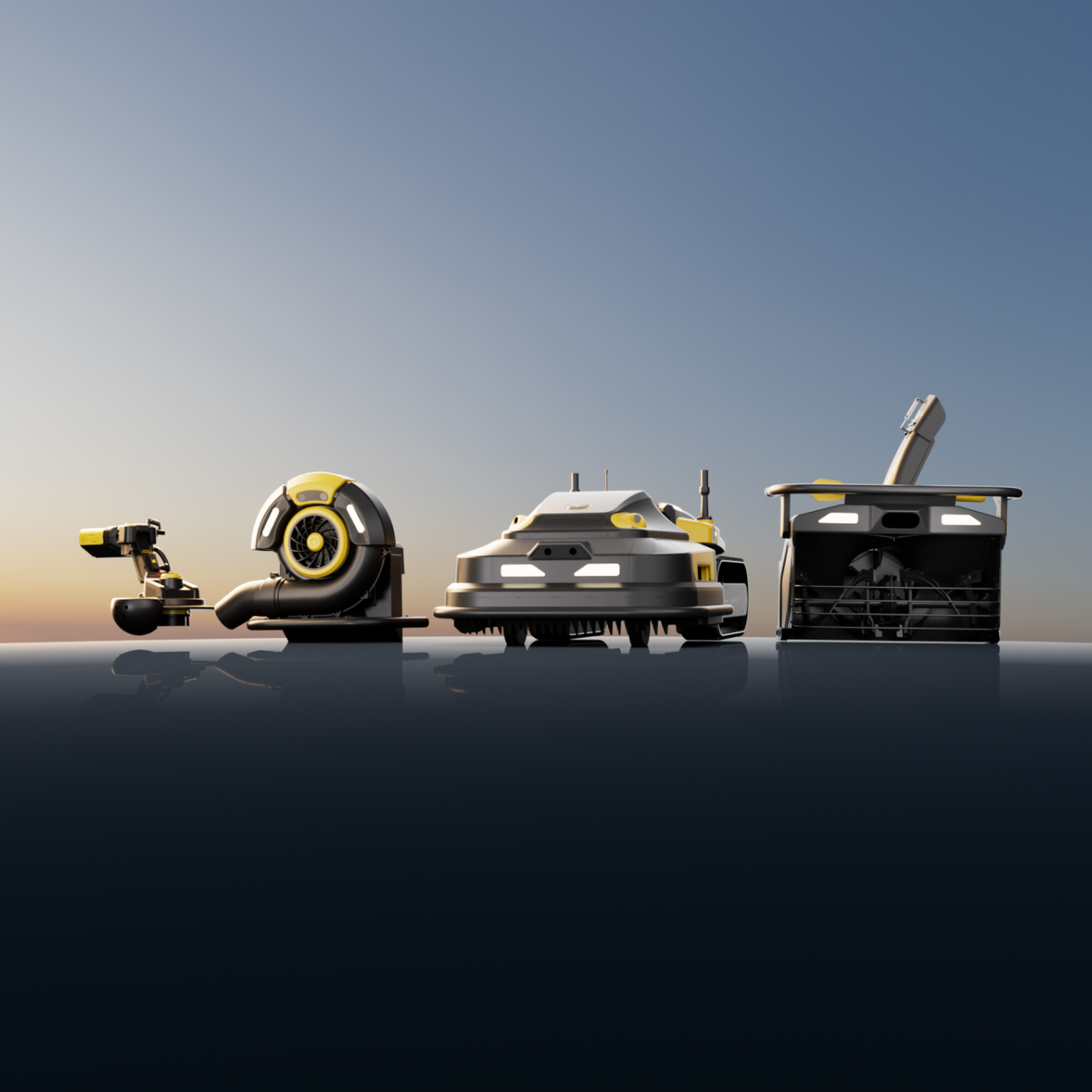 Four futuristic black and yellow robotic cleaning devices in a row on a reflective surface under a gradient sky.