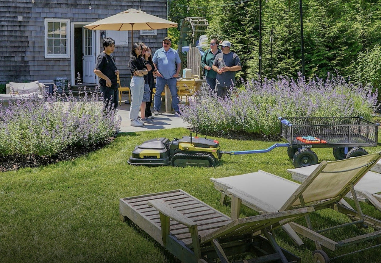 Group gathers in sunny backyard with purple flowers, lawn chairs, and yellow-green robotic lawn mower on grass.