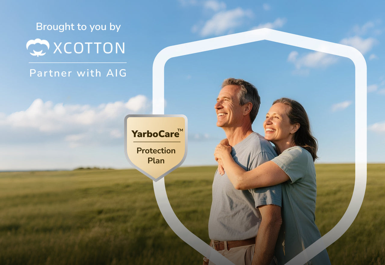 Smiling couple embracing in a sunny field, framed by a white shield with "YarboCare Protection Plan" and "Brought to you by XCOTTON Partner with AIG" text.