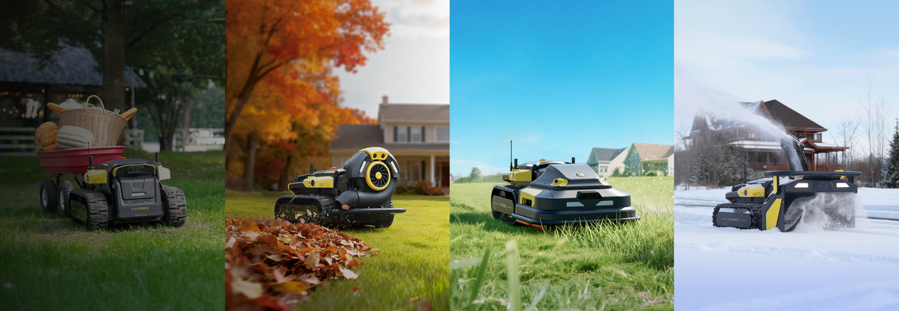 Four scenes show YARBO robot performing yard tasks: hauling, leaf blowing, mowing, and snow removal across seasons.