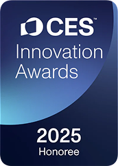 CES Innovation Awards 2025 Honoree badge, blue gradient background, white text, rounded rectangle shape.
