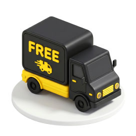 Black and yellow delivery truck toy with "FREE" and motorcycle graphic on side, displayed on white base.