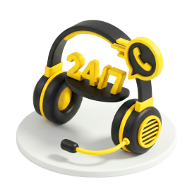 Yellow and black 3D headset with "24/7" text, phone icon, and microphone on white base.