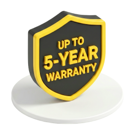 Black and yellow shield badge on white base with bold text: "UP TO 5-YEAR WARRANTY" in gold.