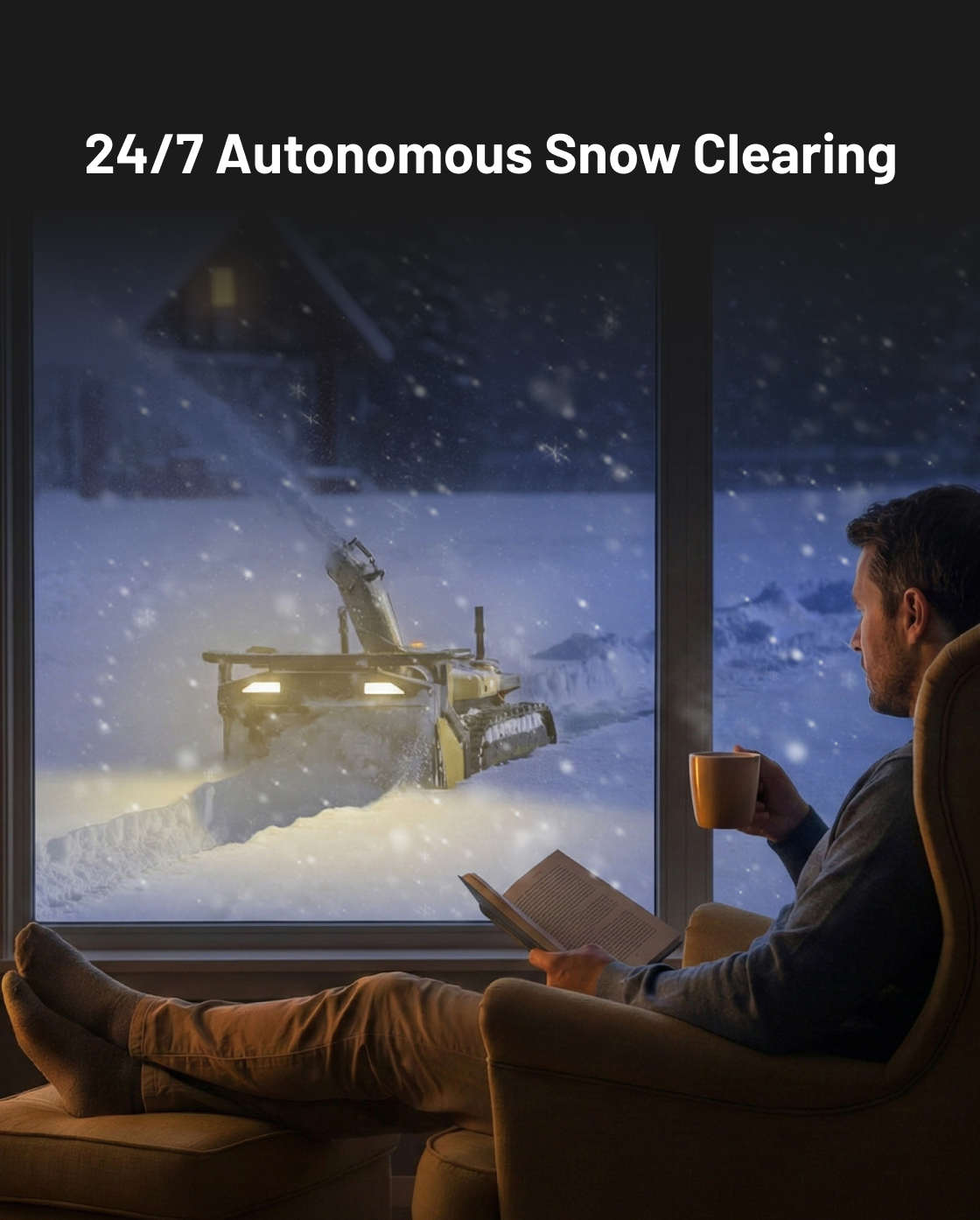 Autonomous snow blower by Yarbo clearing snow at night, viewed from inside a cozy home with a man reading and holding a mug.